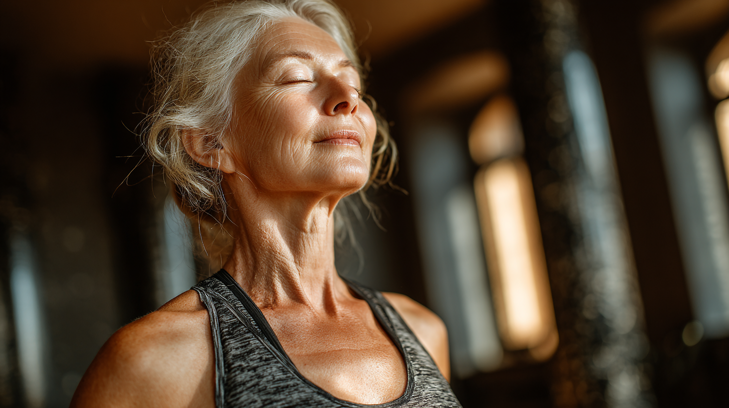 Grupo de personas mayores practicando yoga en un ambiente sereno y acogedor
