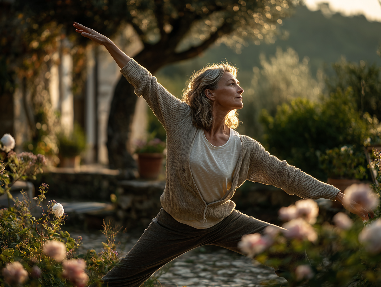 Ambiente tranquilo de cruvanel con personas mayores en una sesión de yoga restaurativo